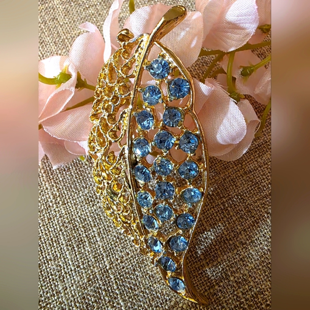 Goldtone and Blue Crystal Leaf Brooch